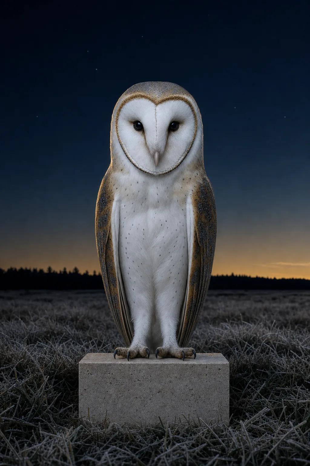 The same owl on the same stone, now in a field at night.